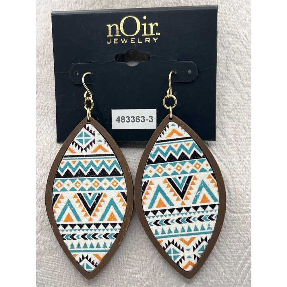 nOir Jewelry Aztec Pattern Wooden Teardrop Earrings Multicolor 2.75" O9